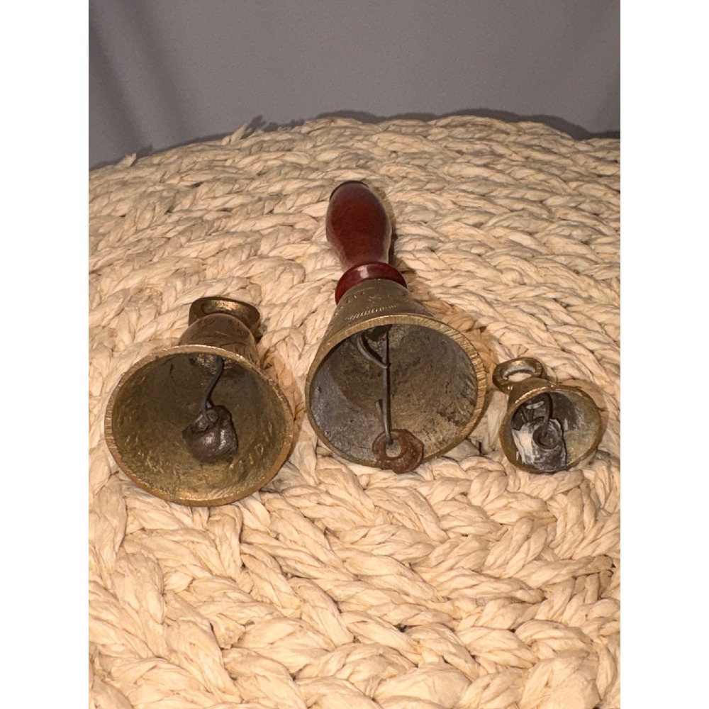Brass Hand Bells Set of 3 Engraved Bell Wooden Handle School Dinner Bells - Picture 5 of 5